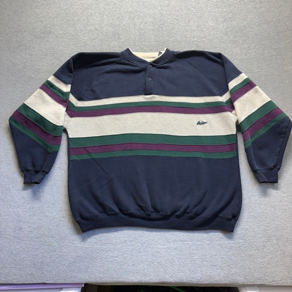 Vintage On Line Mens XL Henley Sweatshirt Striped Navy Green Purple Fleece